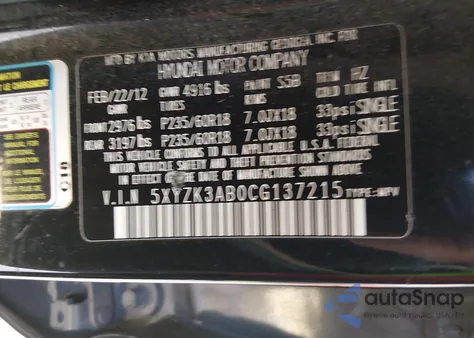 2012 Hyundai Santa Fe Limited z USA, uszkodzony, nr VIN 5XYZK3AB0CG137215